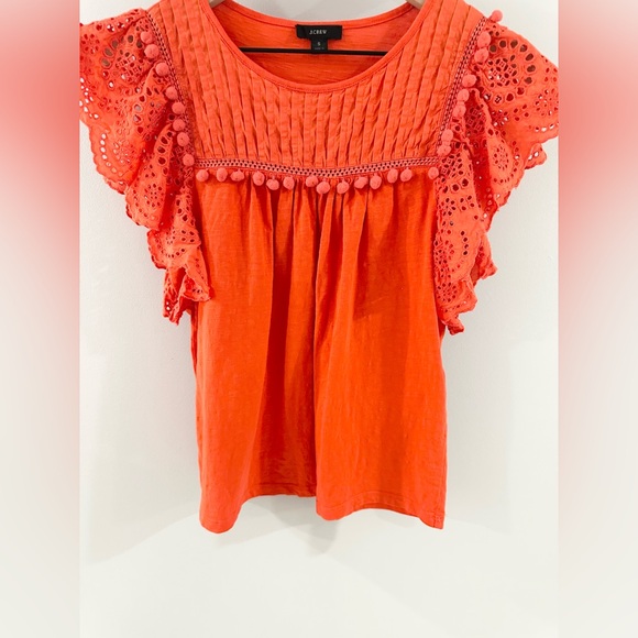 J. Crew Flutter Sleeve Eyelet Pom Pom Blouse Orange Size Small - Picture 4 of 6
